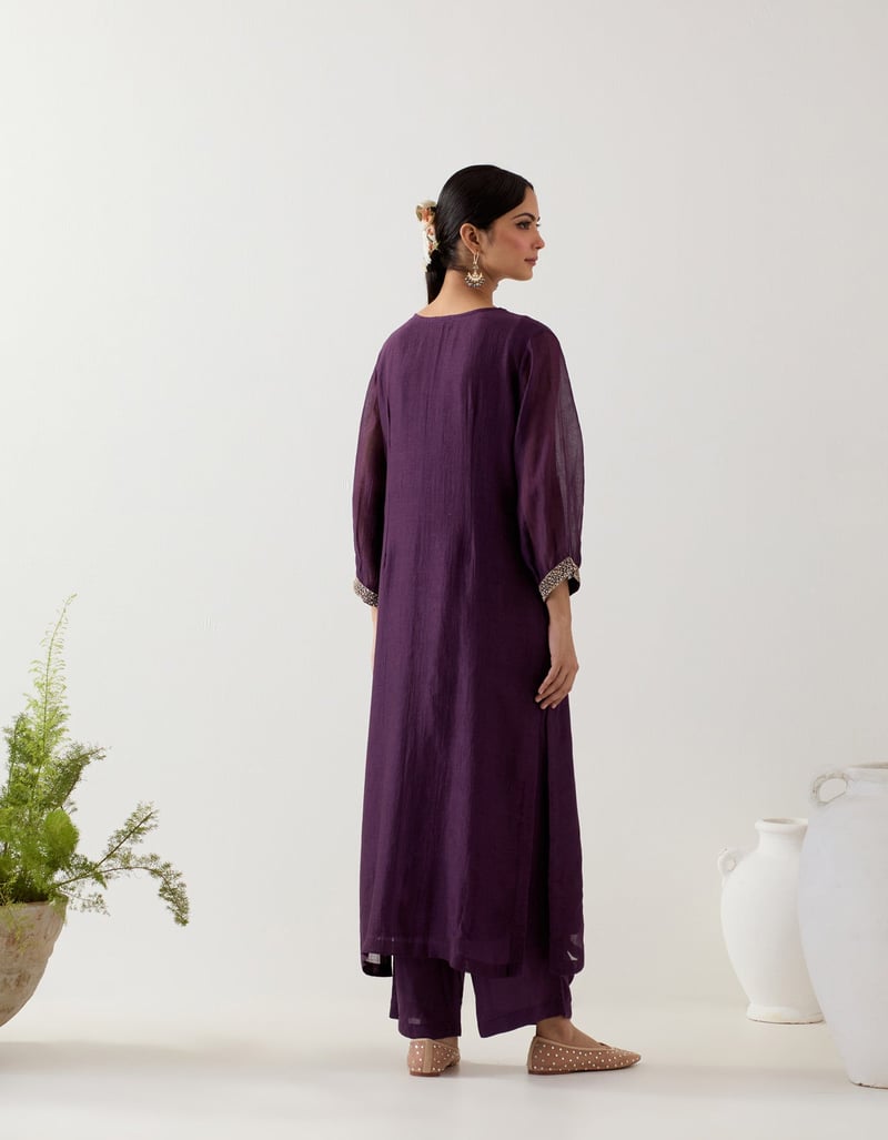 Purple Chanderi Zardozi Embroidered Kurta Set with Pants