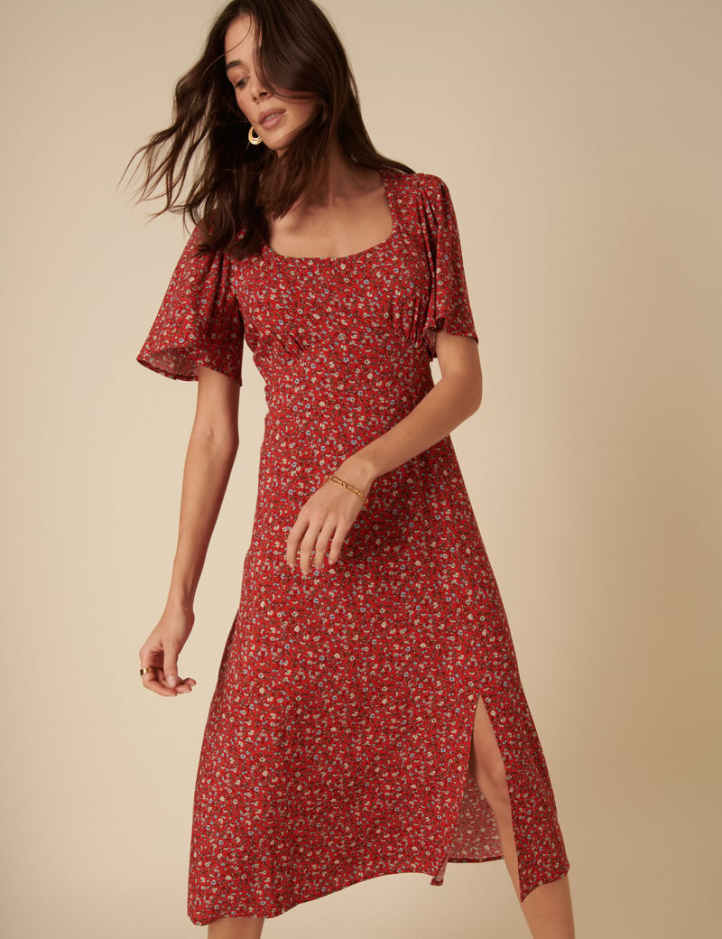 Red Ditsy Floral Scoop Neck Midi Dress with Slit