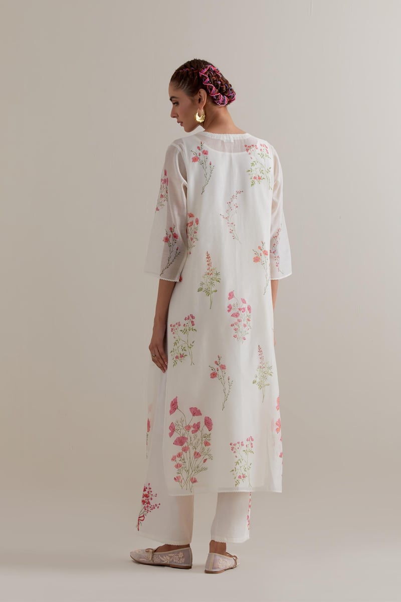 Off-White Floral Hand Block Print Kurta Set with Dupatta