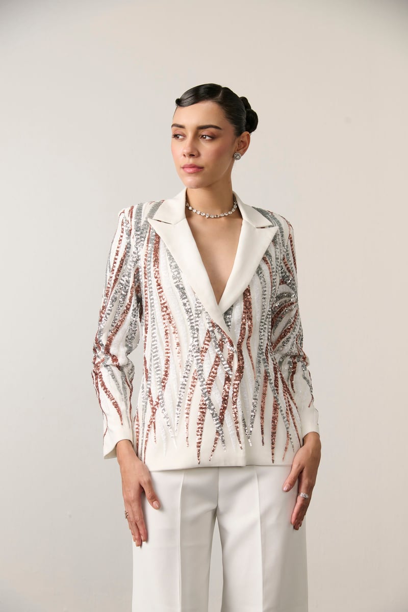 Ivory Sequin Blazer and Wide-Leg Trousers Co-ord Set