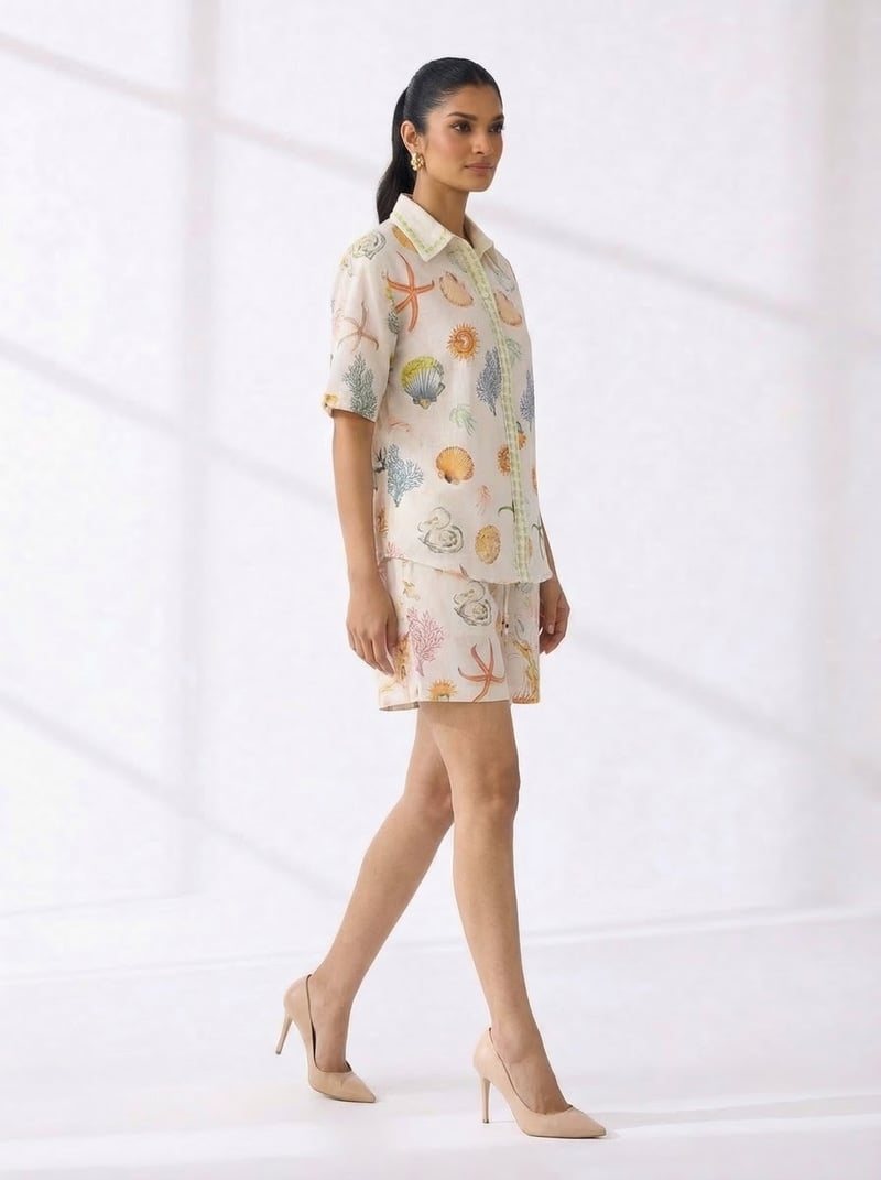 Cream Printed Shirt and Shorts Co-ord Set