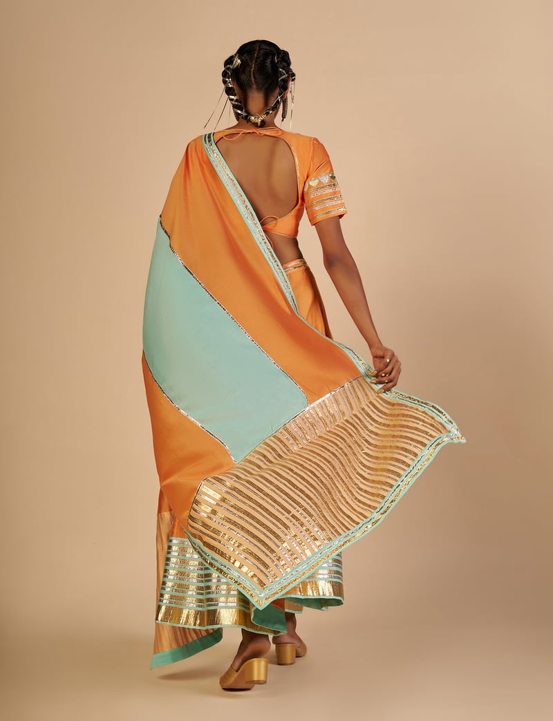 Orange Silk Chanderi Maxi Skirt with Aqua Gota Border