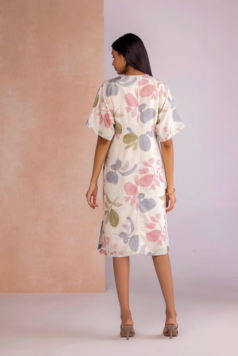 Sahara Watercolor Floral Linen-Blend Cinch Dress