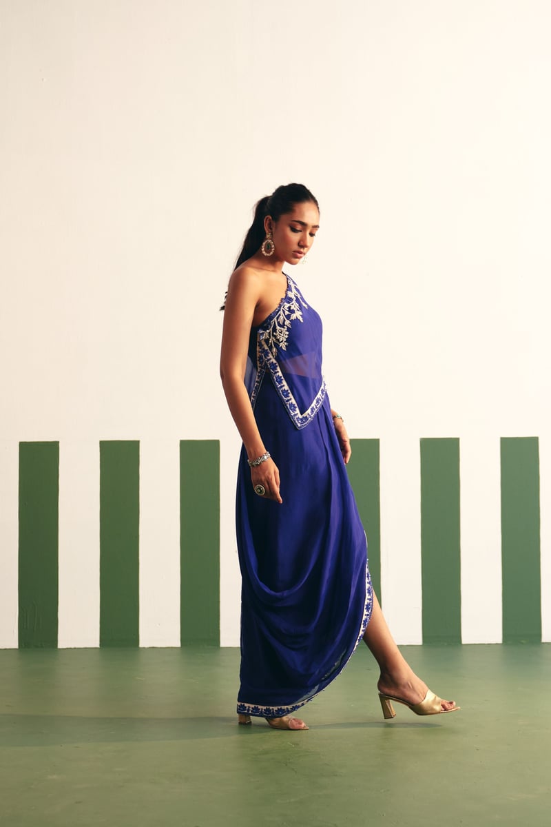 Ink Blue One-Shoulder Embroidered Kaftan Set