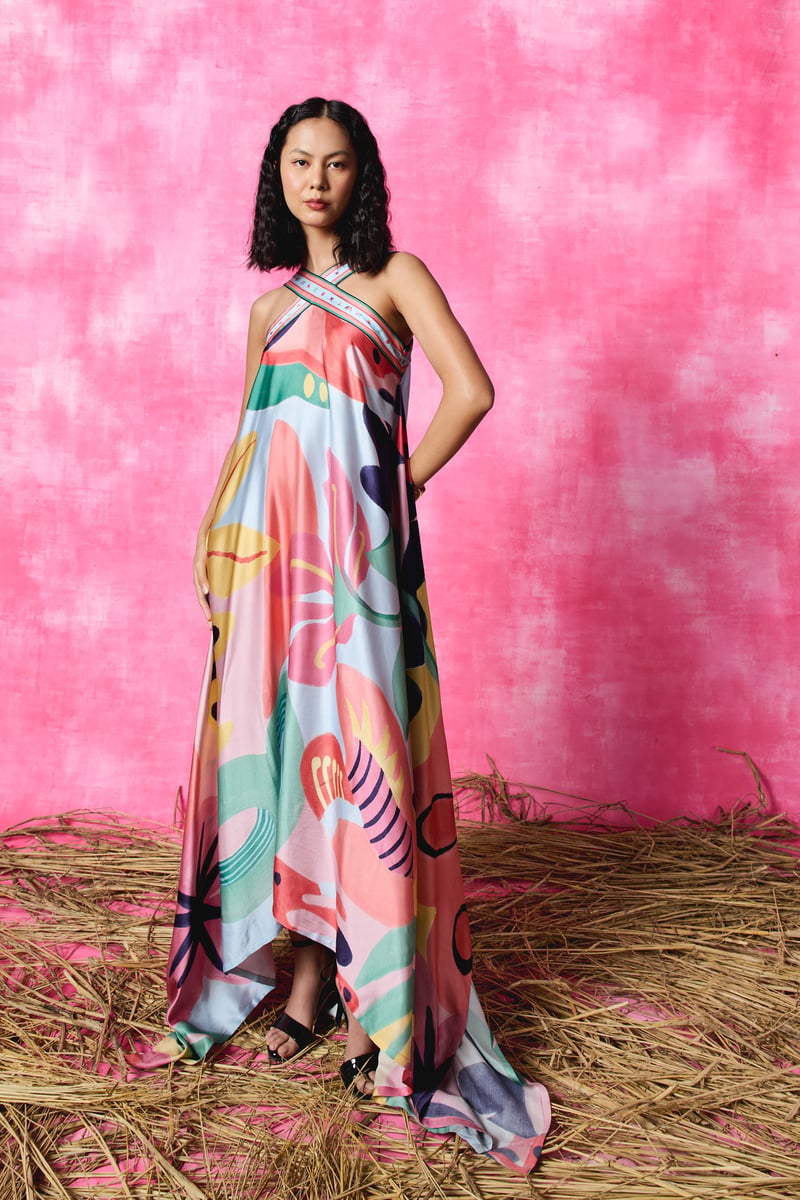 Multicolor Printed Halter Handkerchief Maxi Dress