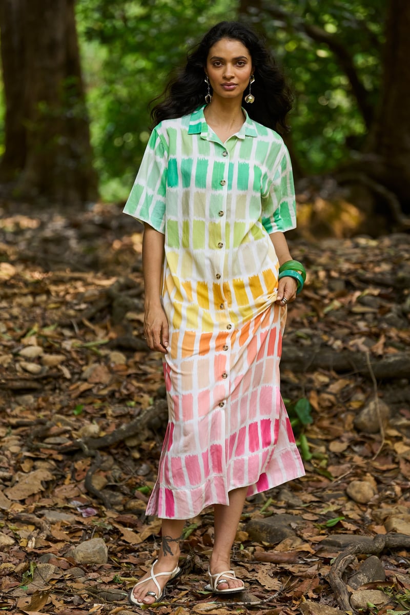 Multicolor Printed Midi Shirt Dress with Button-Down Front