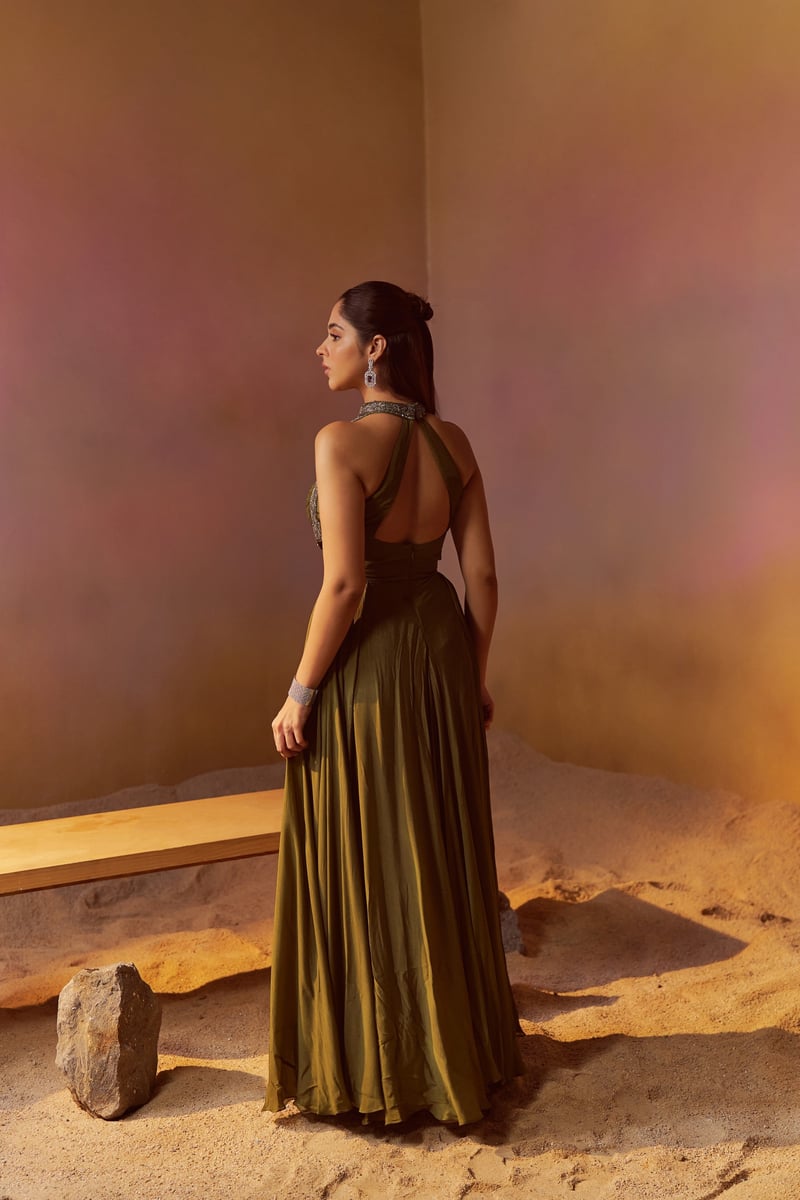 Dusty Olive Green Chiffon Halter-Neck Maxi Gown