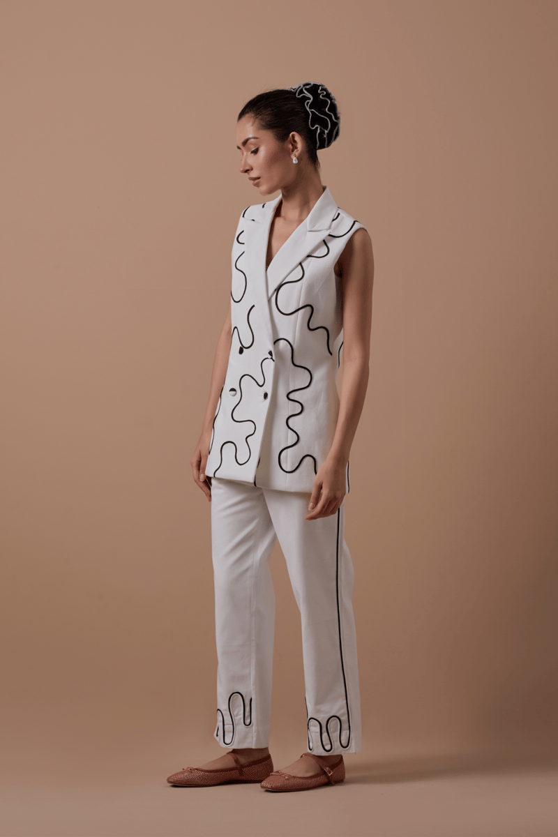 White Sleeveless Double-Breasted Blazer with Dori Embroidery