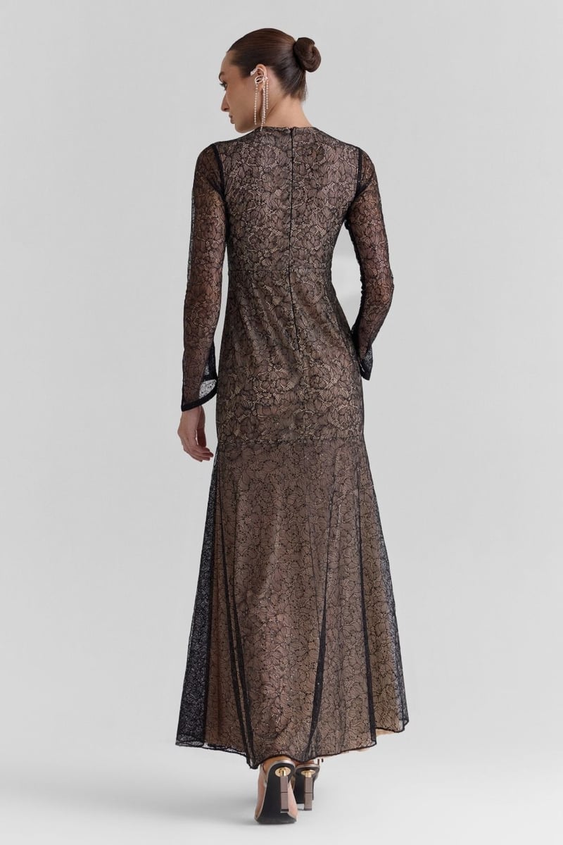 Black Lace Fit and Flare Maxi Dress with Full Sleeves