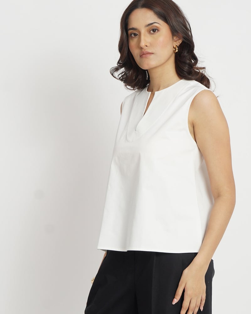 White Notched Neck Relaxed A-Line Sleeveless Cotton Top