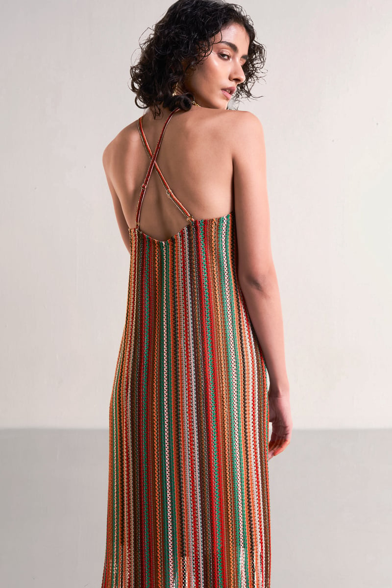 Multicolour Halter Neck Fringe Crochet Knit Midi Dress