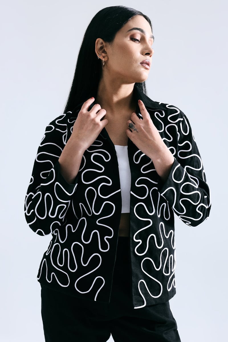 Black Organic Cotton Twill Blazer with White Dori Work