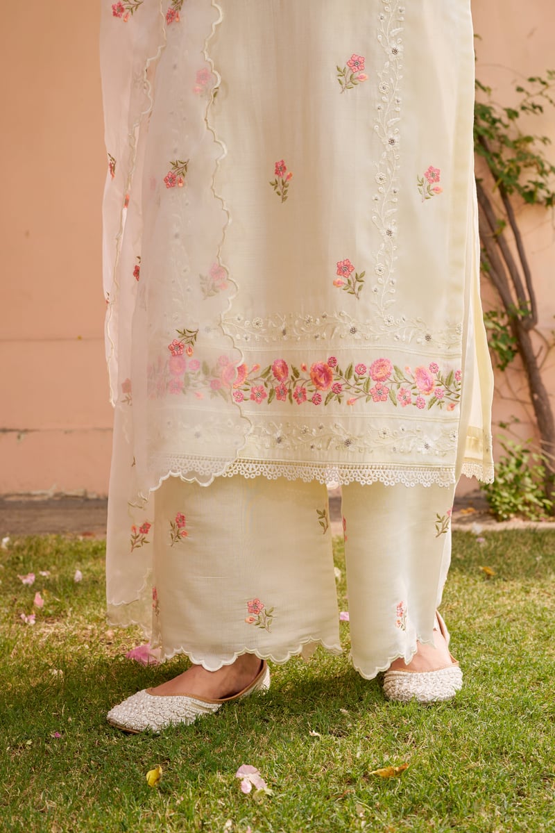 Ivory Pink Embroidered Chanderi Straight Suit Set