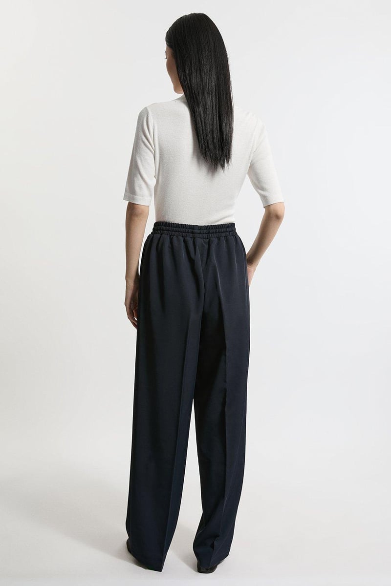 Navy High-Rise Wide-Leg Drawstring Trousers