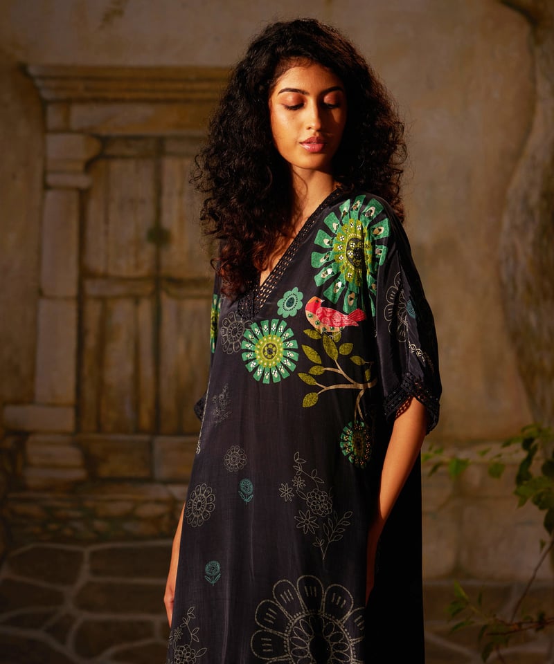 Black Printed Crepe Kurta and Wide-Leg Pants Co-ord Set