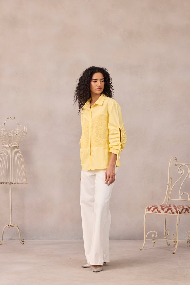 Lemon Sorbet Smocked Poplin Shirt with Ruched Sleeves