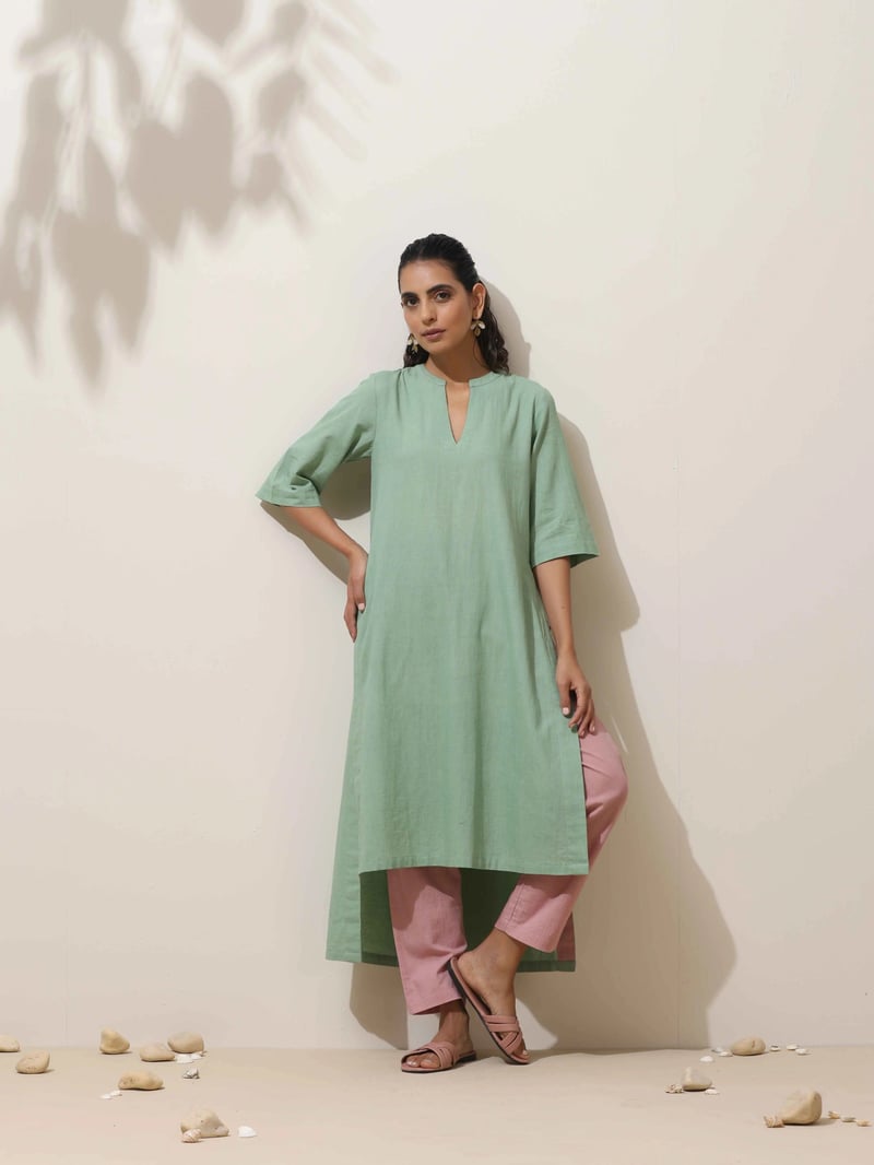 Mint Green Cotton Linen Straight Kurta Pant Set