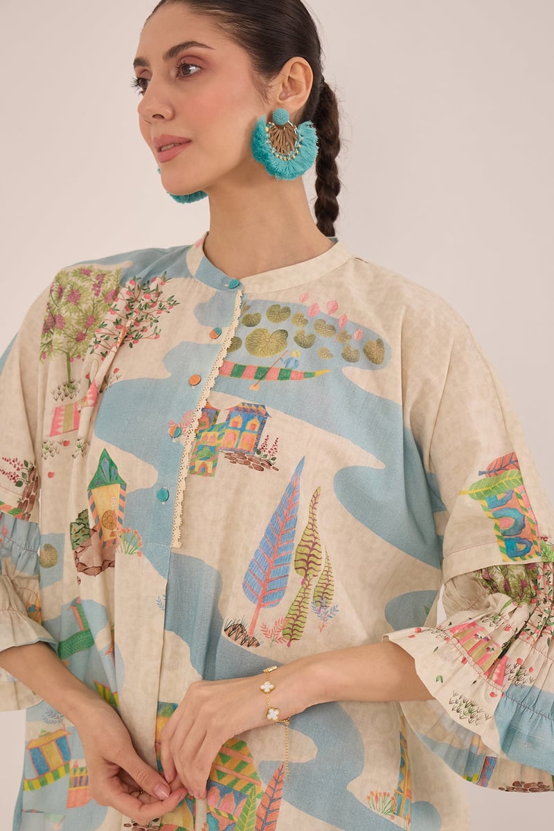 Cream Printed Tunic and Wide-Leg Pants Co-ord Set