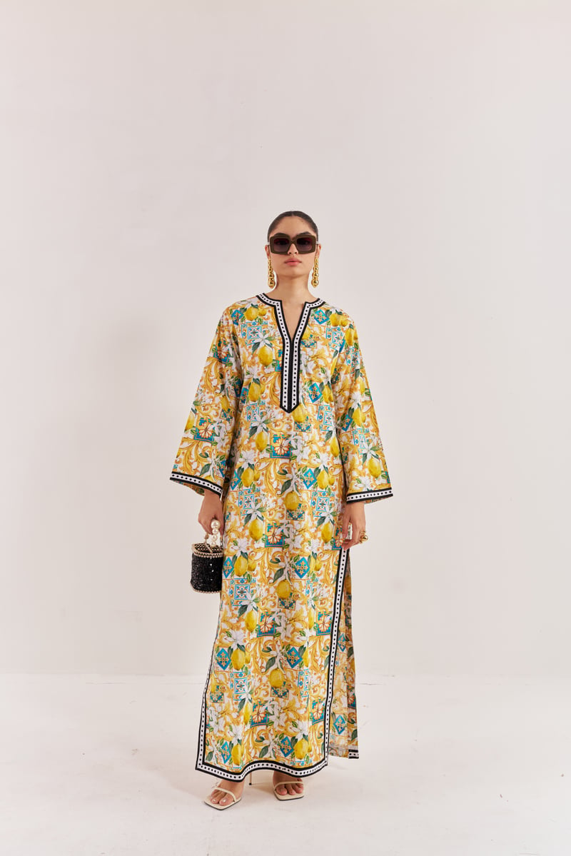 White/Yellow Lemon Print Cotton Poplin Maxi Kaftan