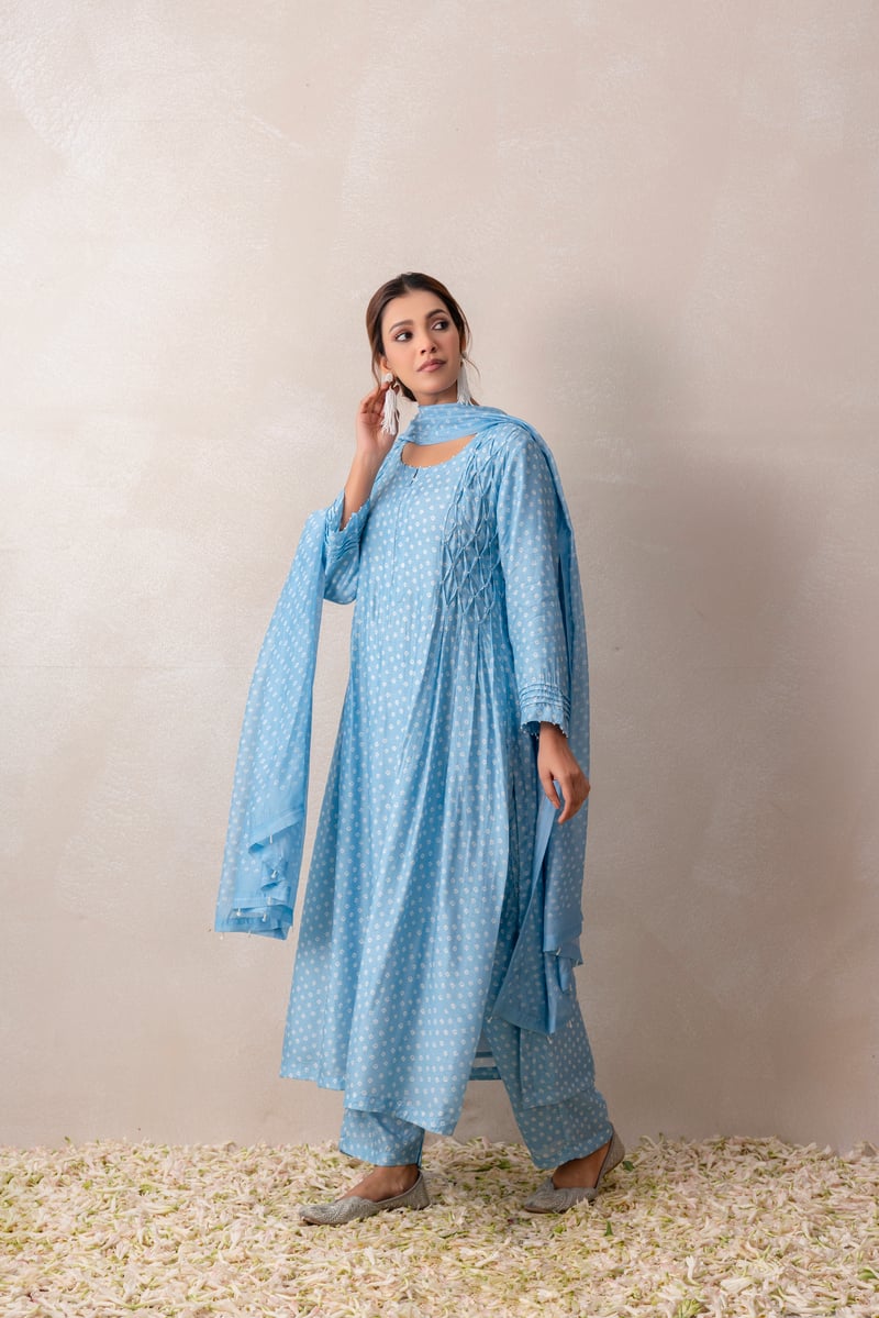 Pastel Blue Bandhani Print Straight Kurta Set with Smocking