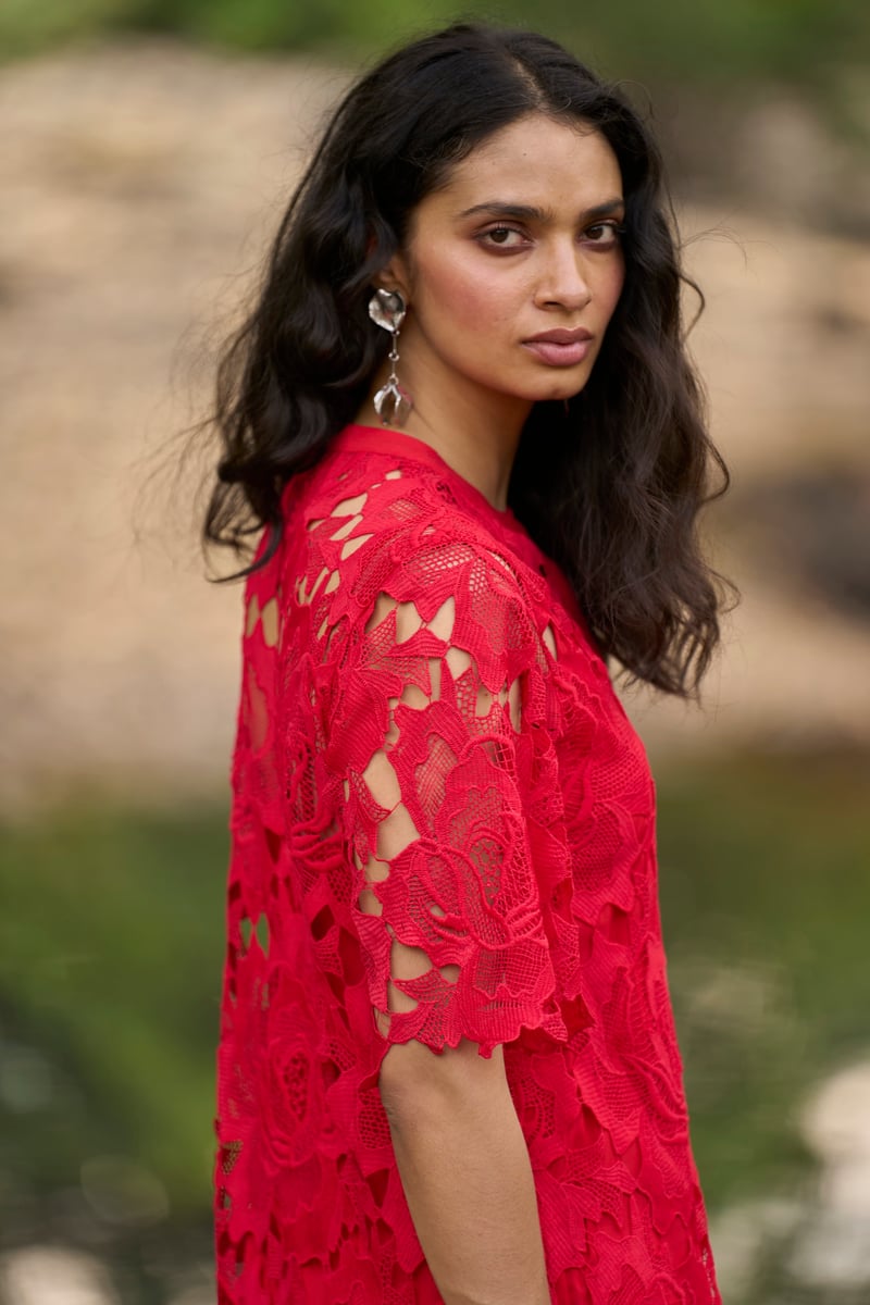 Red Lace Midi Dress with Band Collar and Flared Sleeves