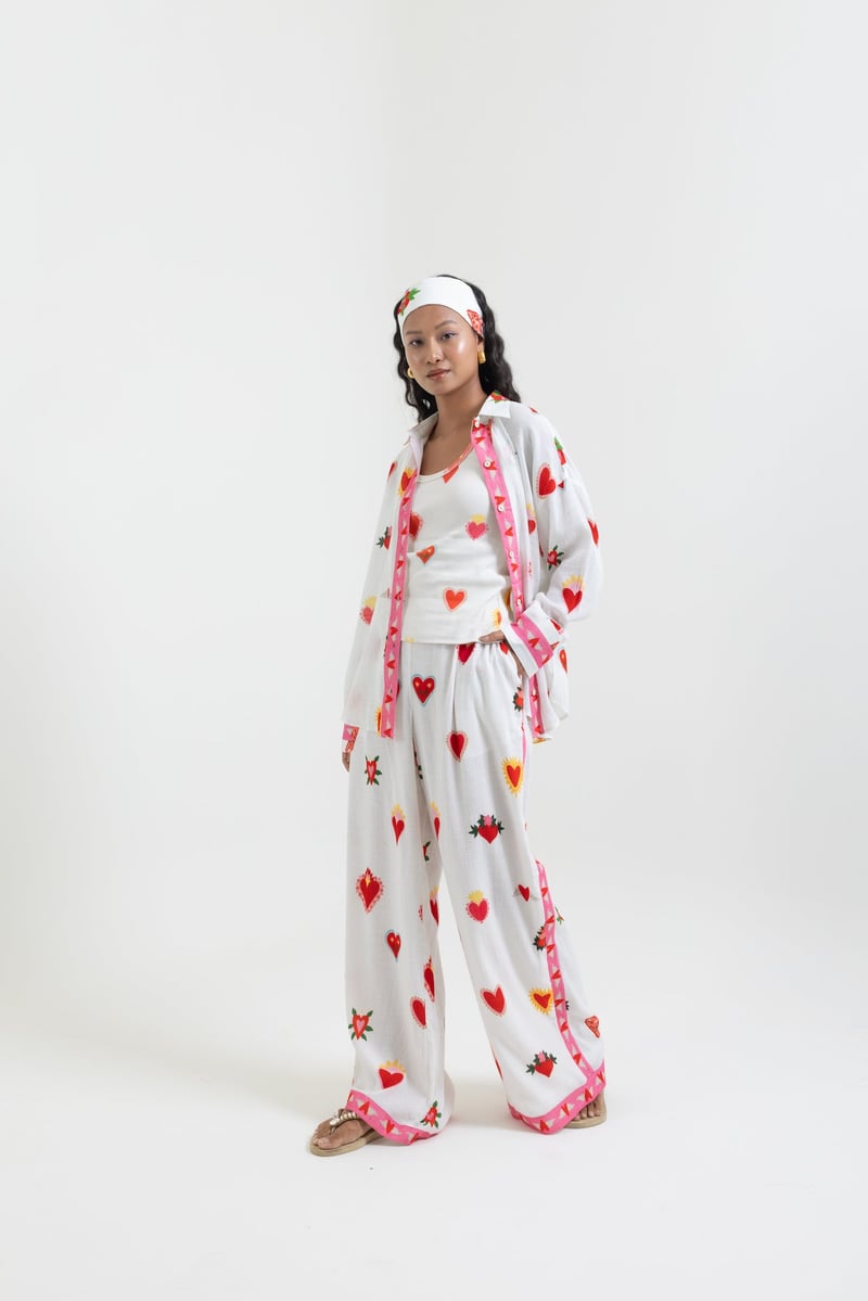 White Heart Print Straight-Leg Trousers with Contrast Hem