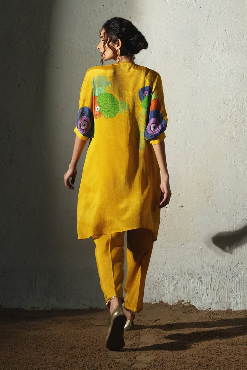 Yellow Printed Straight Kurta Set with Keyhole Neck
