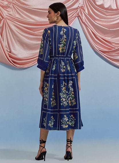 Cobalt Blue Floral Printed Fit and Flare Midi Dress