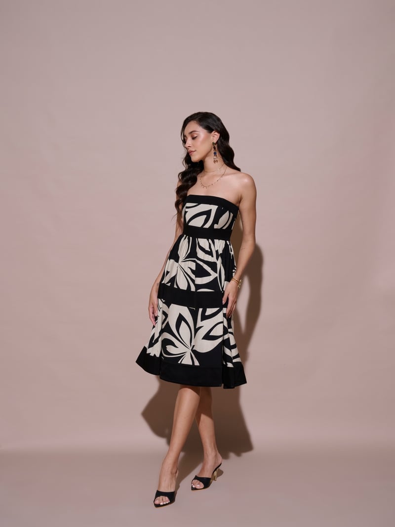 Black Strapless Abstract Print Midi Fit and Flare Dress