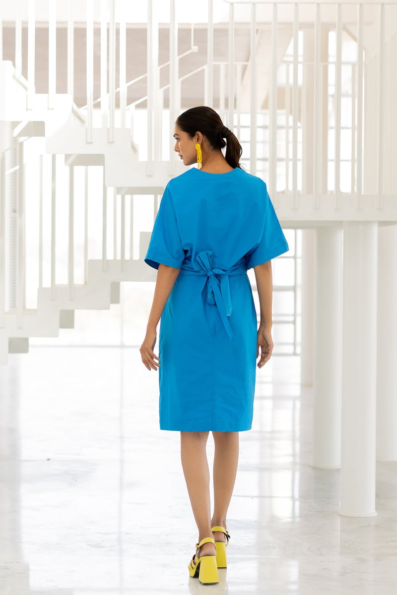 Blue Cotton Poplin Wrap Dress with Kimono Sleeves