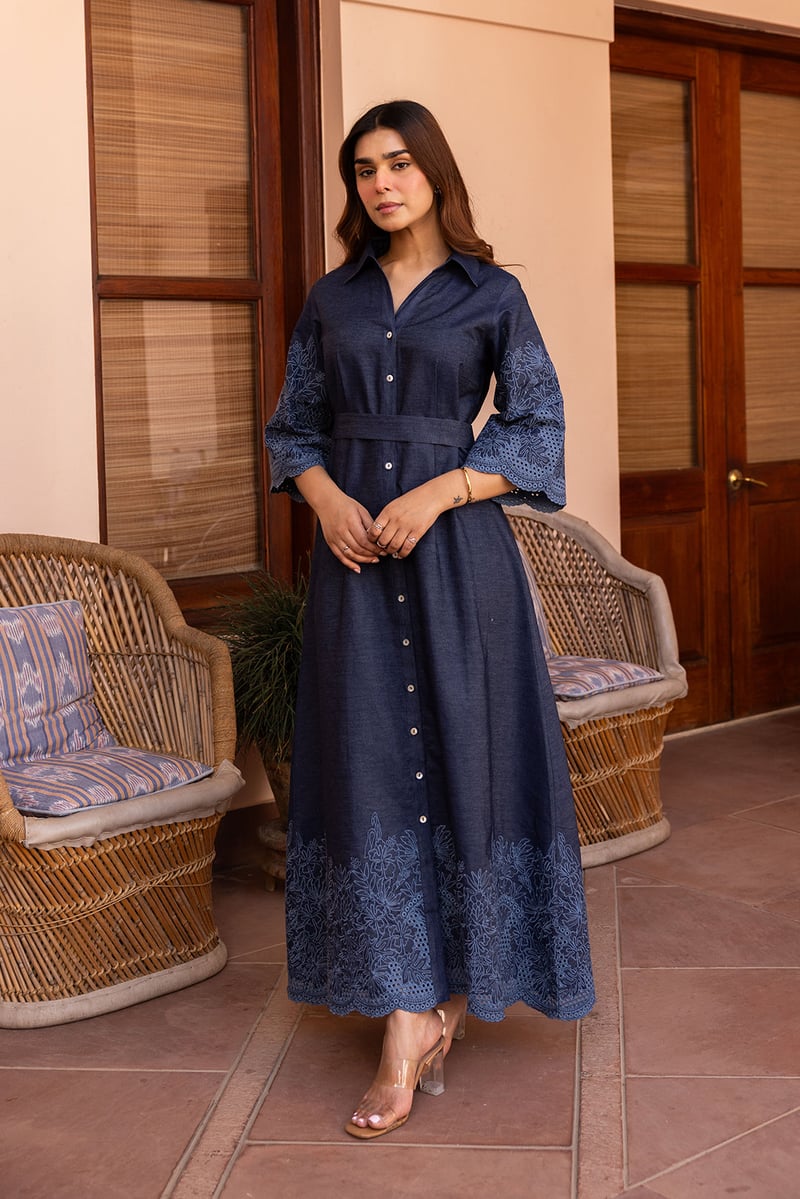 Blue Denim Maxi Shirt Dress with Belt and Cutwork Hem