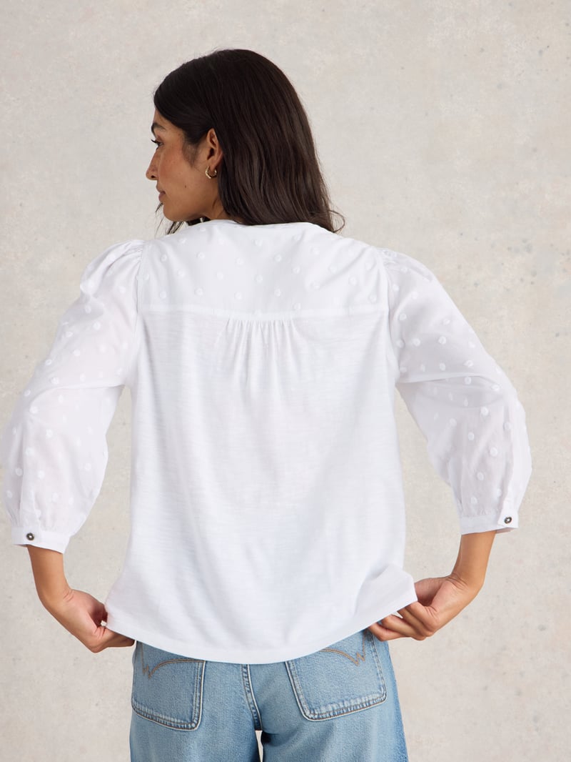 Pale Ivory Dobby Top with Puff 3/4 Sleeves