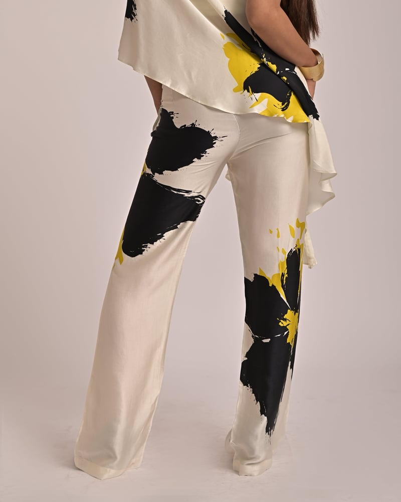 High-Waist Abstract Floral Printed Satin Straight Pants