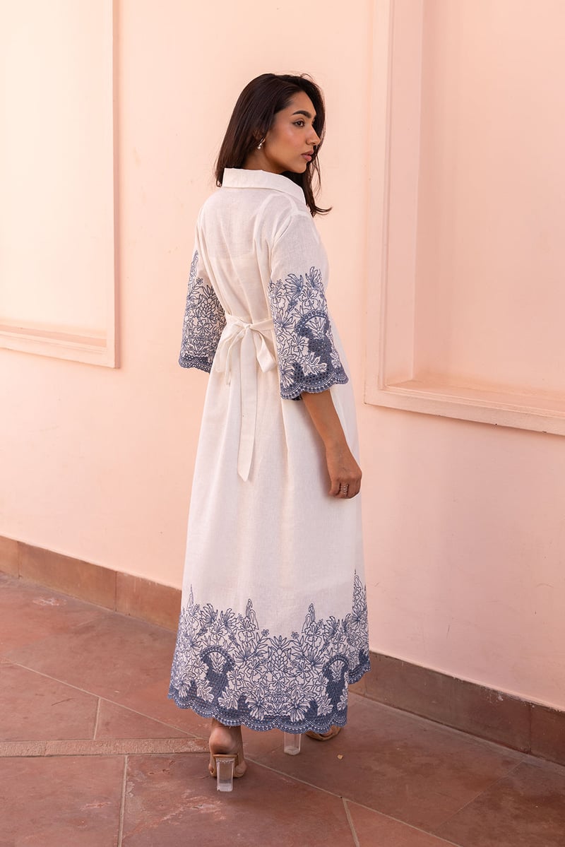White Maxi Shirt Dress with Blue Embroidery and Cutwork