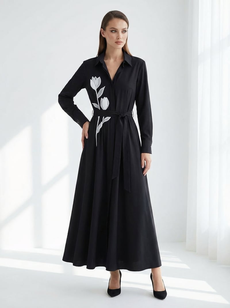 Black Maxi Shirt Dress with White Floral Applique — KIHIKI
