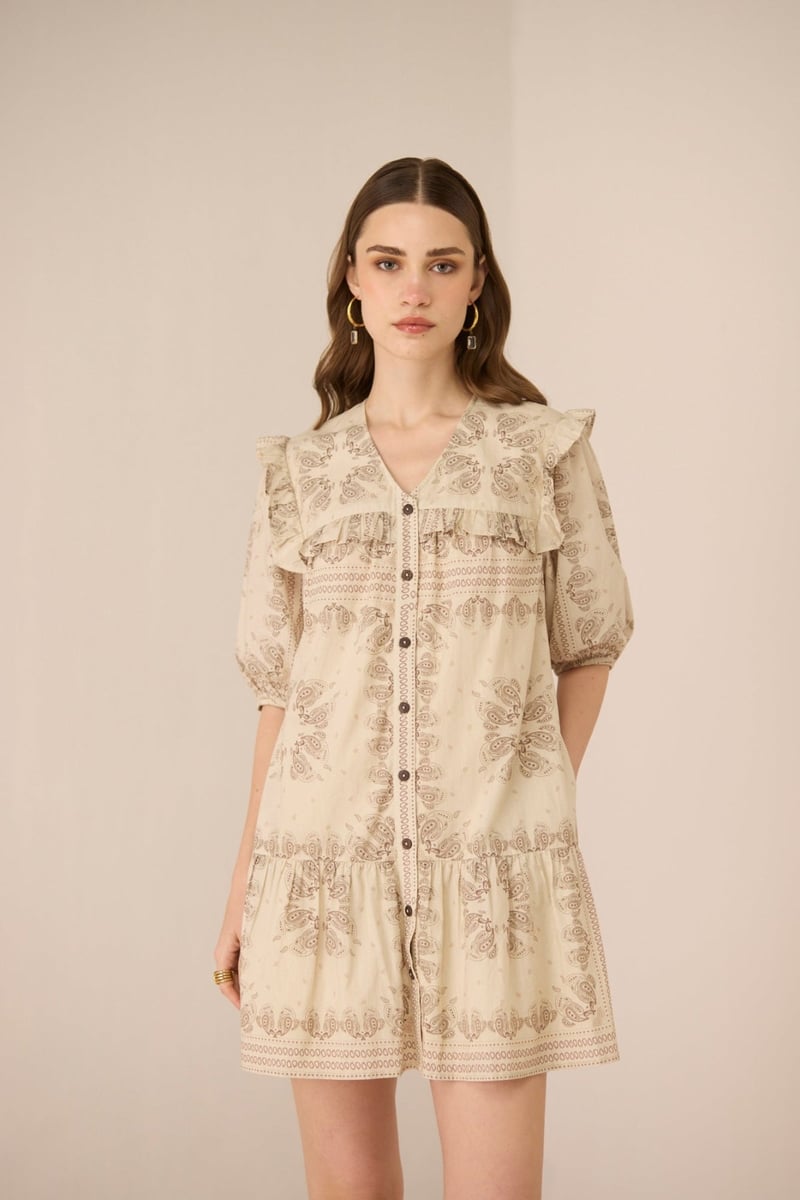 Paisley Brown Cotton A-Line Mini Dress with Ruffle Yoke