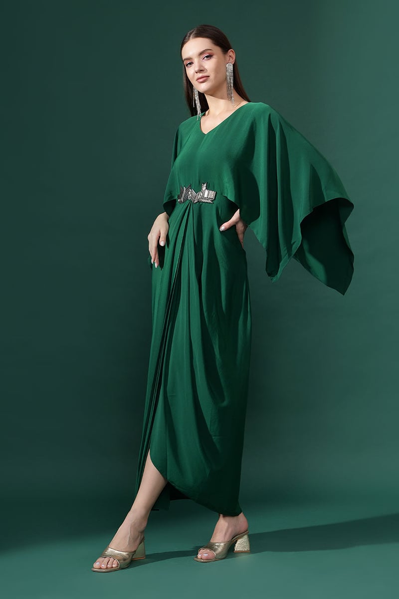 Bottle Green Silk Crepe Draped Maxi Dress with Cape Sleeves