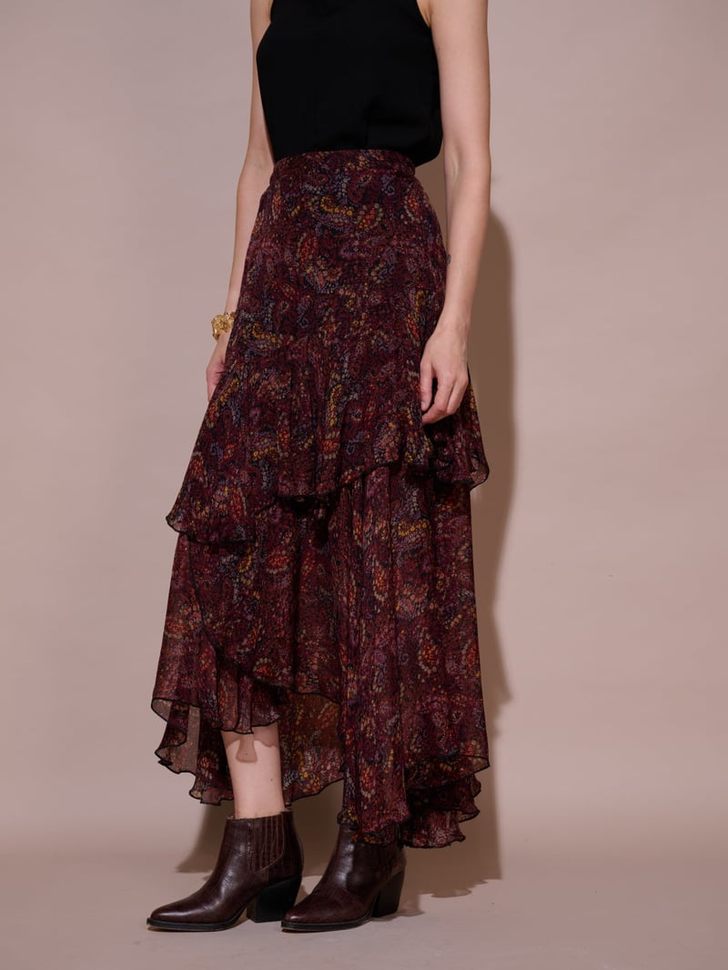 Wine Paisley Tiered Ruffle Midi Skirt