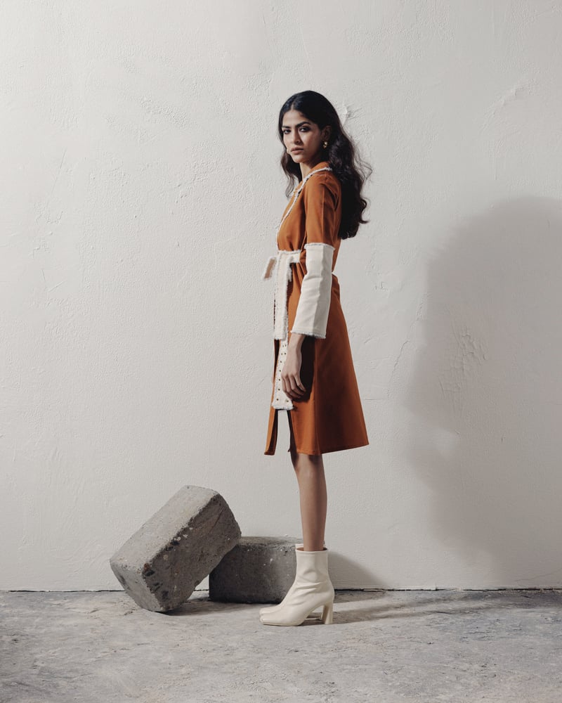 Rust Denim Colorblock Wrap Dress with Lapel Collar