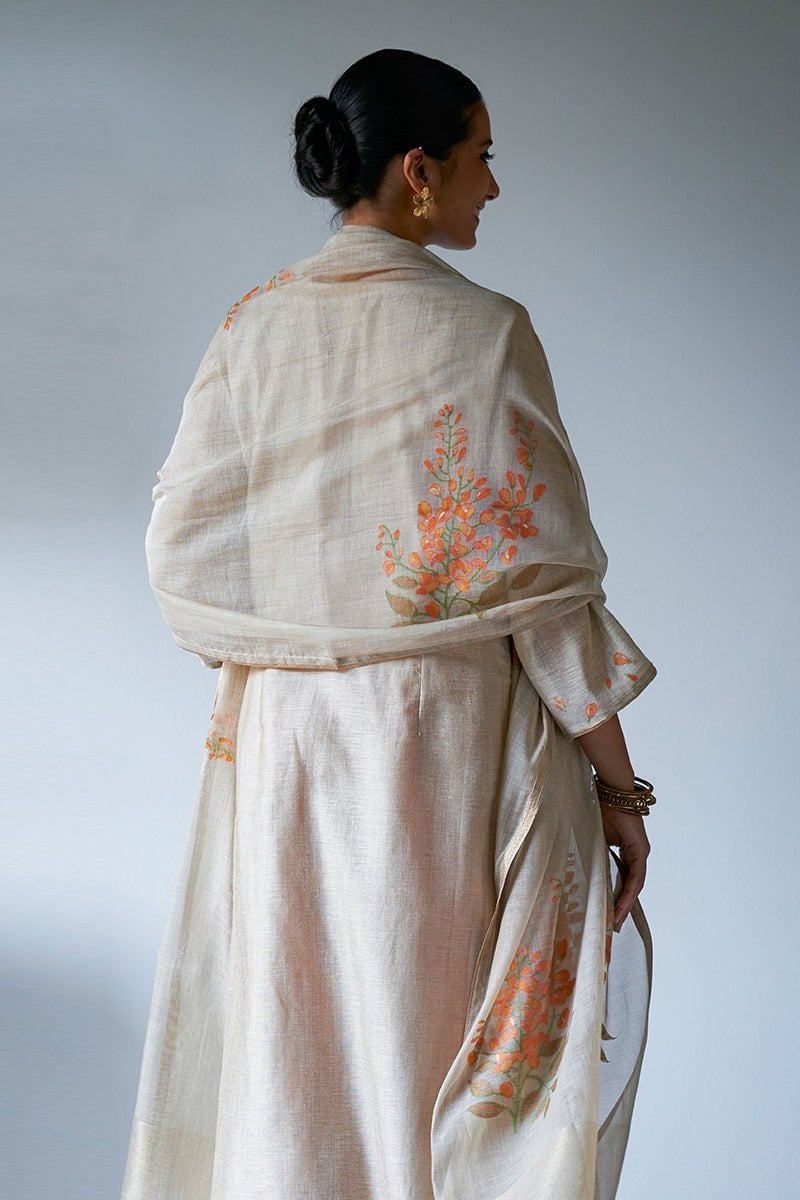 Beige and Saffron Embroidered Kurta Suit Set with Dupatta