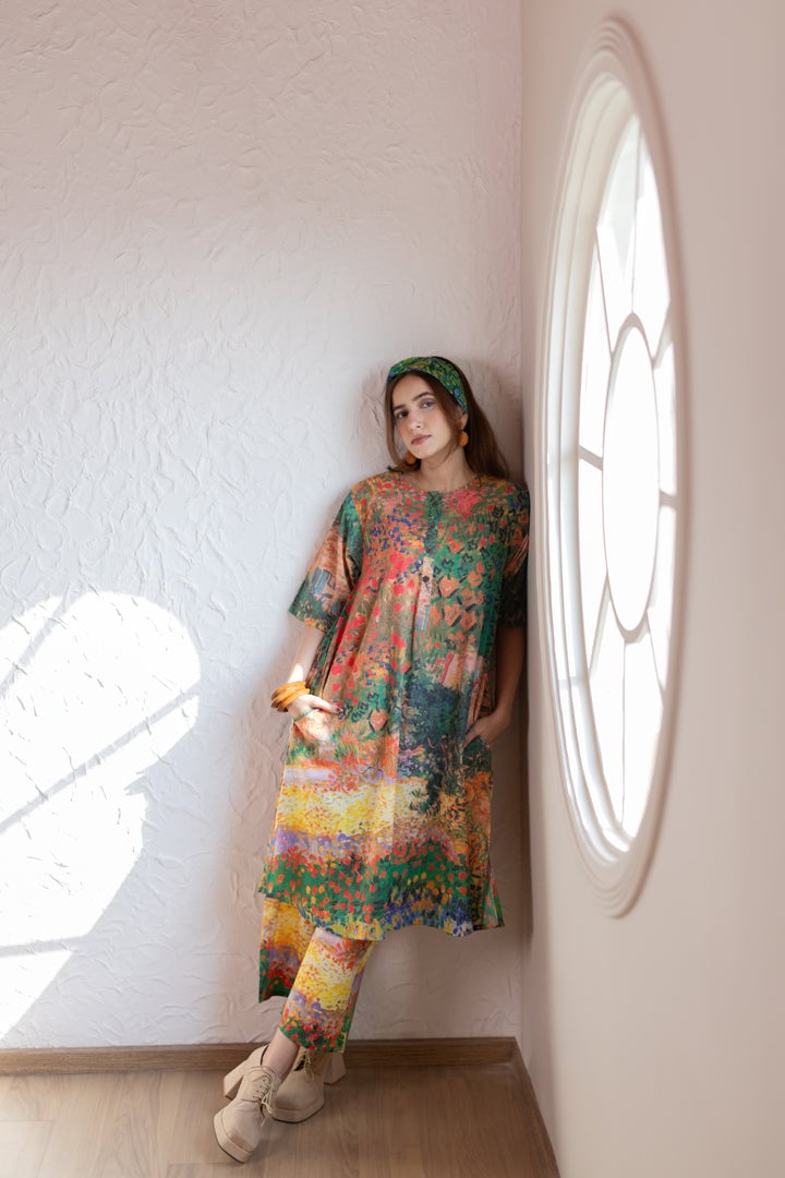 Multicolor Scenic Print Cotton Cambric Kurta Set