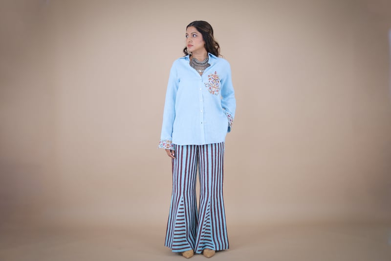 Blue and Brown Striped Flared Linen Trousers