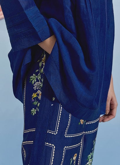Airforce Blue Embroidered Top and Printed Pants Co-ord Set