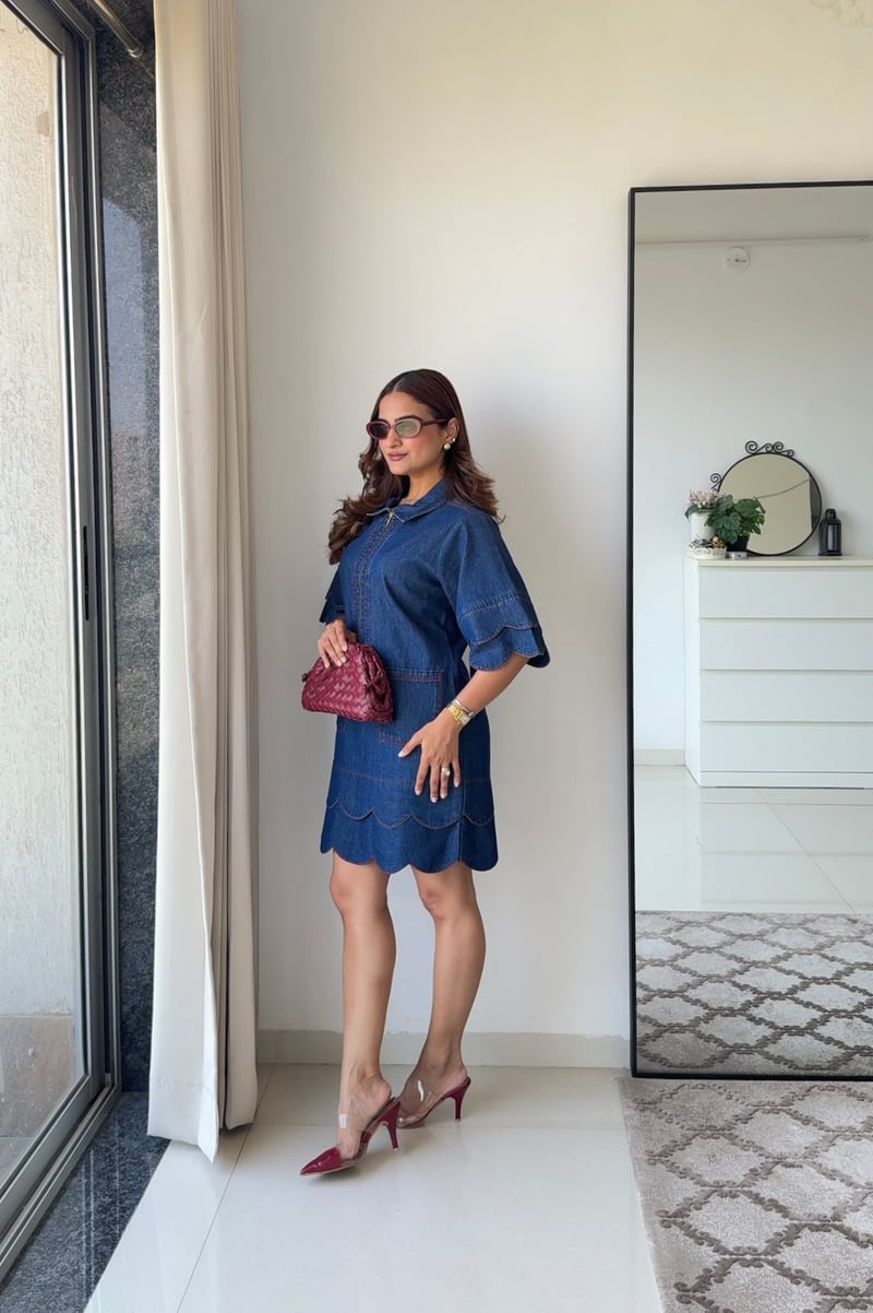 Blue Denim Shirt Dress with Zip Front and Scalloped Hem
