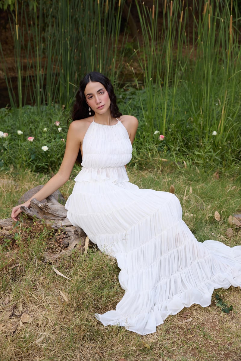White Halter Neck Top and Tiered Maxi Skirt Co-ord Set