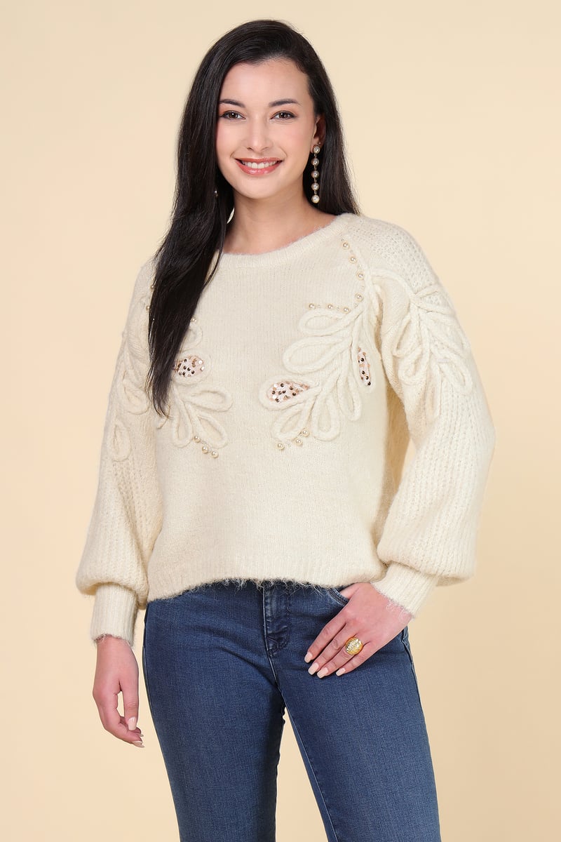 Beige Applique Embellished Round Neck Pullover Sweater