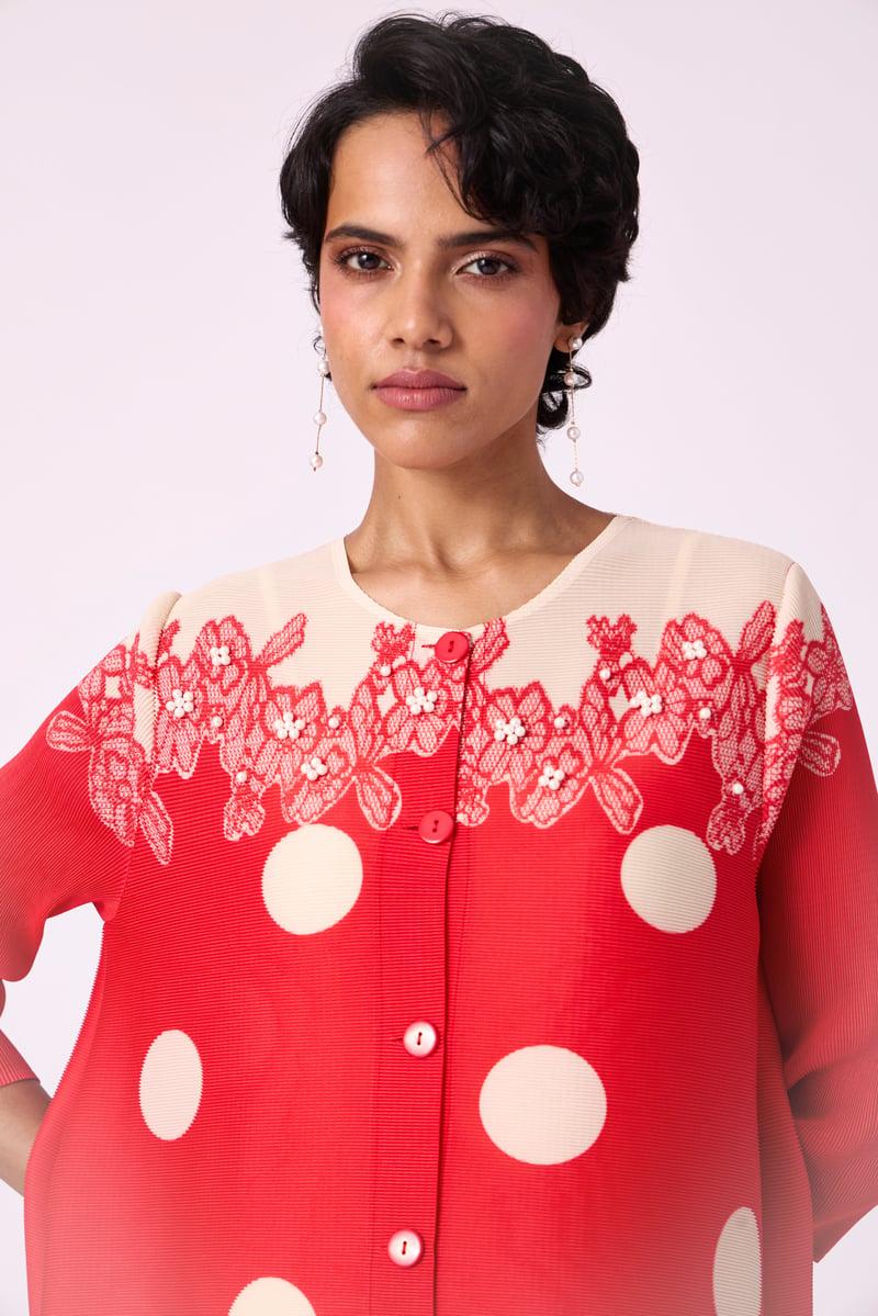 Red Polka Dot Button-Front Knee-Length A-Line Dress