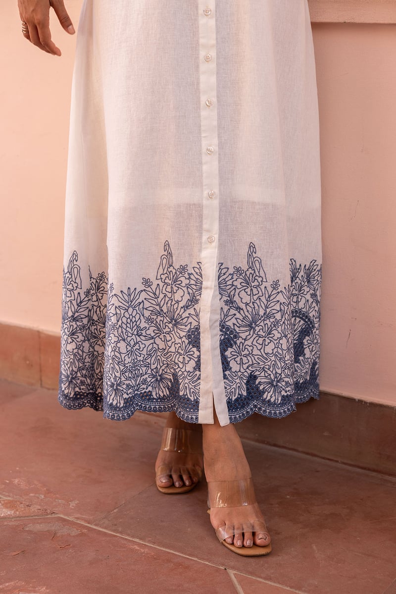 White Maxi Shirt Dress with Blue Embroidery and Cutwork