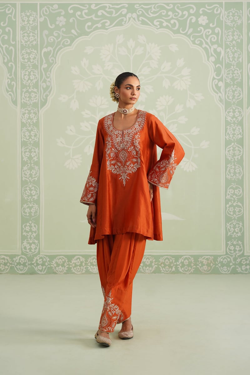 Orange Embroidered Chanderi Kurta Set with Salwar