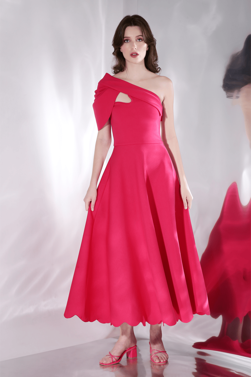 Hot Pink Fit and Flare Midi Dress with Detachable Bow